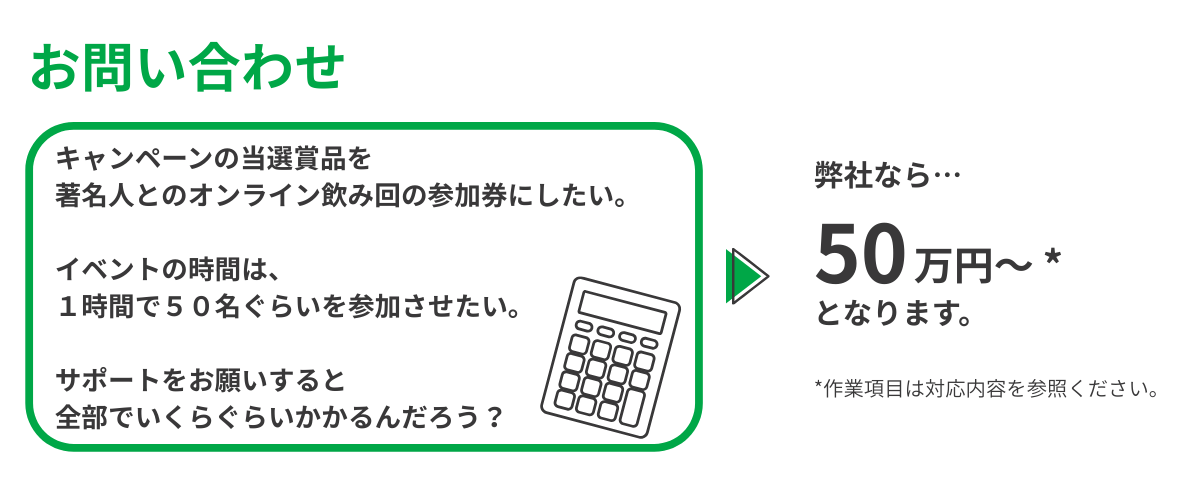料金シミュレーション：キャンペーンの当選賞品をオンライン飲み会の参加券、イベントは１時間で５０名　費用はいくら？　弊社なら、50万円からとなります。